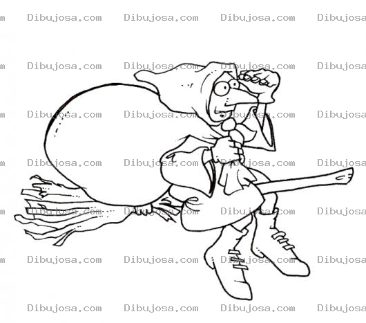 Dibujo para colorear Dibujo De Bruja Volando En Su Escoba Con Un Costal En La Espalda Para Pintar Y Colorear