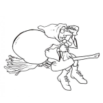 Dibujo para colorear Dibujo De Bruja Volando En Su Escoba Con Un Costal En La Espalda Para Pintar Y Colorear