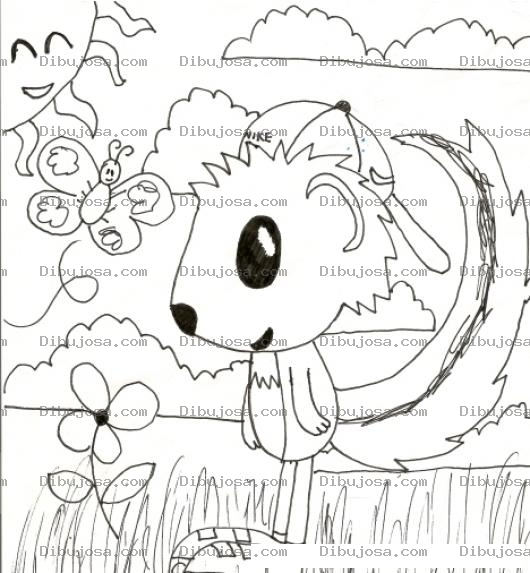 Dibujo para colorear Dibujo De Zorrito En El Bosque Platicndo Con Una Mariposita Debajo Del Sol Para Pintar Y Colorear