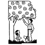 Dibujo para colorear Dibujo De Papap Cortando Flores De Un Arbol Para Su Hija Y Un Perrito Para Pintar Y Colorear