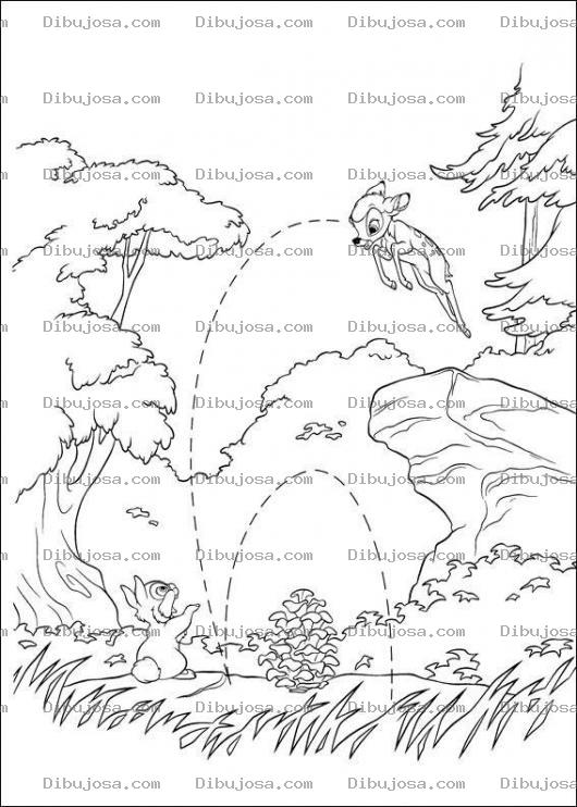 Dibujo para colorear Bambi saltando frente a conejito