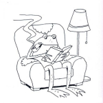 Dibujo para colorear Dibujo De Sapo Fumando Y Leyendo Un Libro En Un Sofa Para Pintar Y Colorear Rana Fumadora