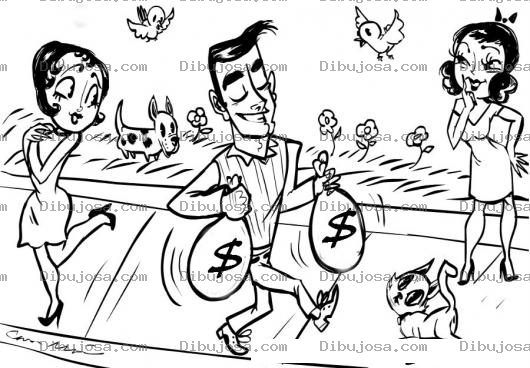 Dibujo para colorear Mujeres Interesadas Dibujo Hombre Caminando Con Bolsas De Dinero En Frente De Mujeres Interesadas Para Pintar Y Colorear Embellecedor Masculino