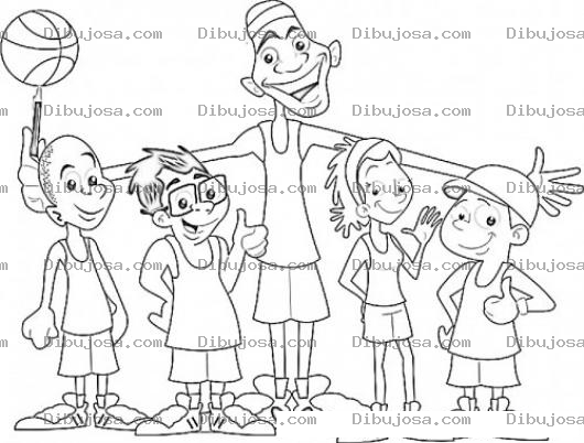 Dibujo para colorear Dibujo De Un Entrenador De Basquetbol Para Pintar Y Colorear A Un Maestro De Educacion Fisica Con 4 Ninos