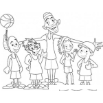 Dibujo para colorear Dibujo De Un Entrenador De Basquetbol Para Pintar Y Colorear A Un Maestro De Educacion Fisica Con 4 Ninos