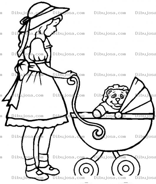 Dibujo para colorear Colorear carruaje de bebe empujado por una chica