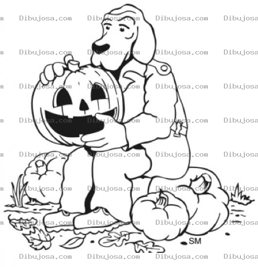 Dibujo para colorear Dibujo De Perro Abrazando A Una Calabaza Para Pintar Y Colorear