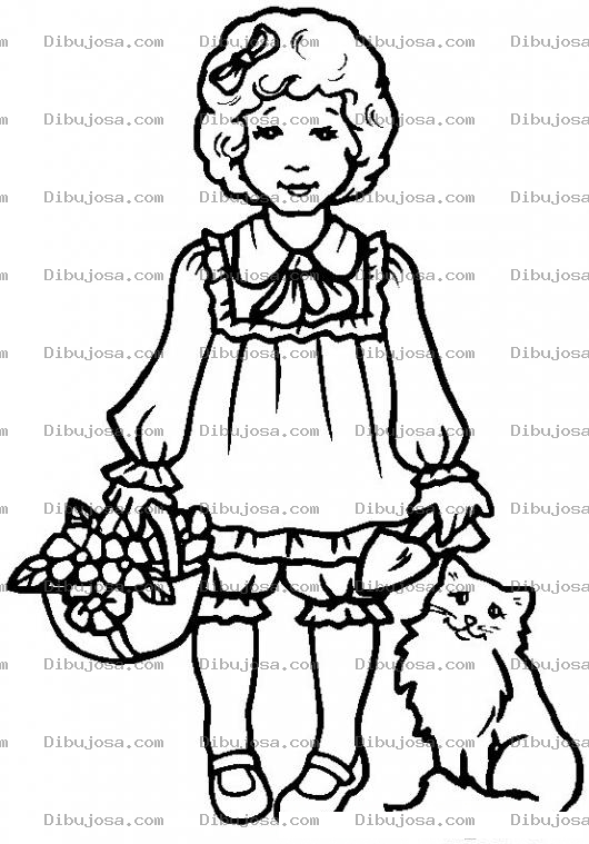 Dibujo para colorear Colorear nena con gatito