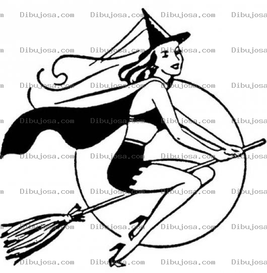 Dibujo para colorear Dibujo De Brujita Bonita Volando En Su Escoba Con Fondo De Luna Llena Para Pintar Y Colorear