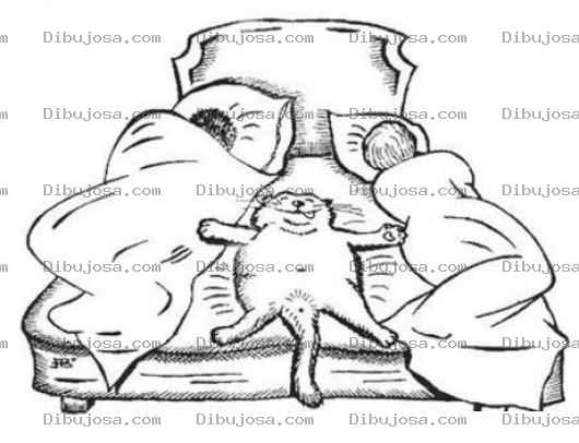 Dibujo para colorear Gato Consentido Durmiendo En Medio De Los Esposos Para Pintar Y Colorear Dibujo Del Gato De La Familia