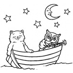 Dibujo para colorear Colorear gato y buho en una lancha
