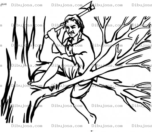 Dibujo para colorear Dibujo De Lenador Cortando Una Rama De Un Arbol Con Un Hacha Para Pintar Y Colorear
