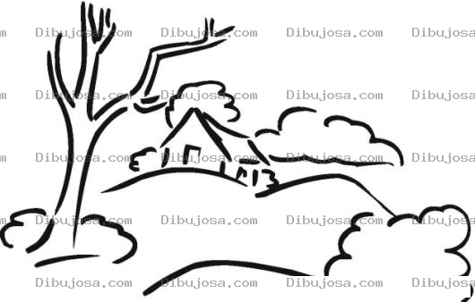Dibujo para colorear Dibujo De Un Paisaje Con Una Casita De Campo Al Fondo Para Pintar Y Colorear