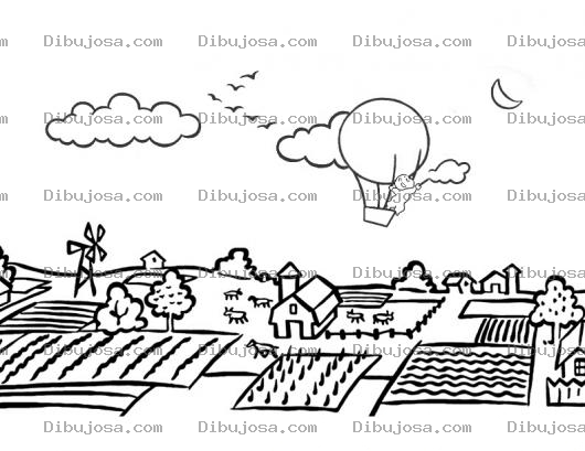 Dibujo para colorear Dibujo De Un Bebe En Un Globo Tocando Las Nubes Volando Sobre Una Granja Para Pintar Y Colorear Paijase Del Campo