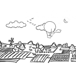 Dibujo para colorear Dibujo De Un Bebe En Un Globo Tocando Las Nubes Volando Sobre Una Granja Para Pintar Y Colorear Paijase Del Campo