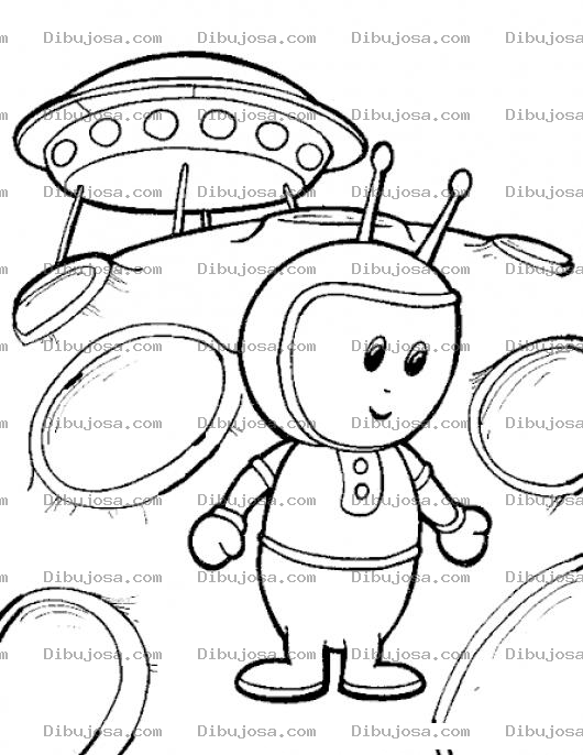 Dibujo para colorear Dibujo De Extraterrestre En La Luna Para Pintar Y Colorear Ovni Platillo Volador Con Marciano Caminando Sobre Los Crateres De La Luna