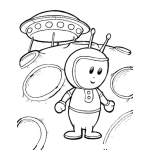 Dibujo para colorear Dibujo De Extraterrestre En La Luna Para Pintar Y Colorear Ovni Platillo Volador Con Marciano Caminando Sobre Los Crateres De La Luna