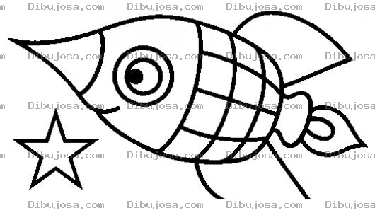 Dibujo para colorear Dibujo De Un Cohete Espacial Con Forma De Pez Con Fuego En El Culito Para Pintar Y Colorear