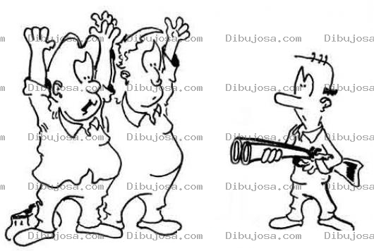 Dibujo para colorear Arriba Las Manos Esto Es Un Asalto Dibujo De Asaltante Chaparrito Con Una Escopeta De Doble Canon Asaltando A Dos Jimaguas Para Pintar Y Colorear A Un Ladron Haciendo Un Asalto Con Escopeta Cuache