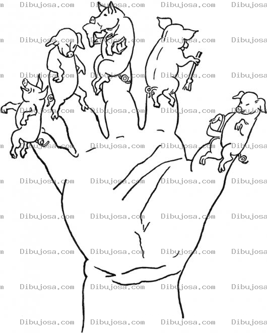 Dibujo para colorear Dibujo De Mano Sucia Para Pintar Y Colorear 5 Cerditos En Una Mano