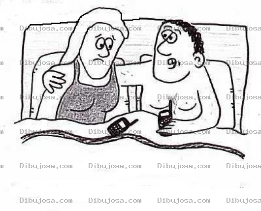 Dibujo para colorear Dibujo De Esposo En La Cama Habalndo Con Su Esposa Y Dos Celulares Para Pintar Y Colorear