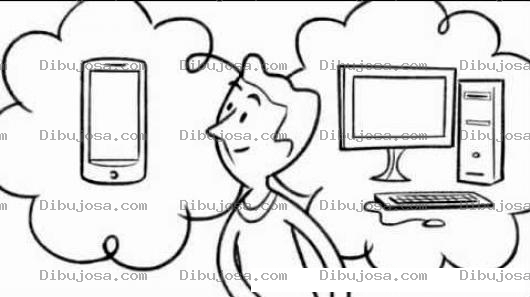 Dibujo para colorear Iphone Versus Computadora Dibujo De Hombre Indeciso Entre Un Iphone Y Una Computadora De Escritorio Para Pintar Y Colorear