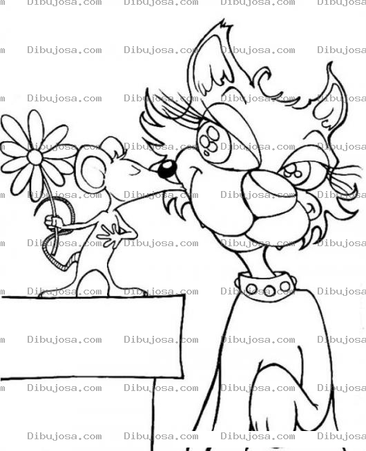 Dibujo para colorear Dibujo De Raton Y Gata Para Pintar Y Colorear Ratoncito Enamorado De Una Gatita Dandole Un Beso Y Una Flor A La Gata Enamorada Del Raton