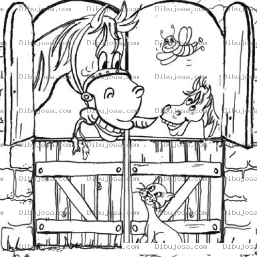 Dibujo para colorear Establo De Caballos Dibujo De Un Establo Con Dos Caballos Un Gato Y Una Abeja Para Pintar Y Colorear