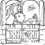 Dibujo para colorear Establo De Caballos Dibujo De Un Establo Con Dos Caballos Un Gato Y Una Abeja Para Pintar Y Colorear