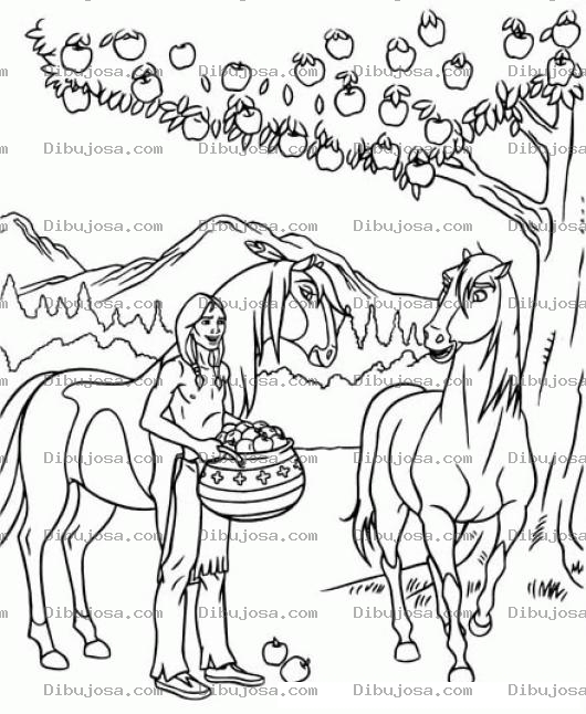 Dibujo para colorear Dibujo De Indio Con Caballos Recogiendo Manzanas De Un Arbol De Manzanas Para Pintar Y Colorear