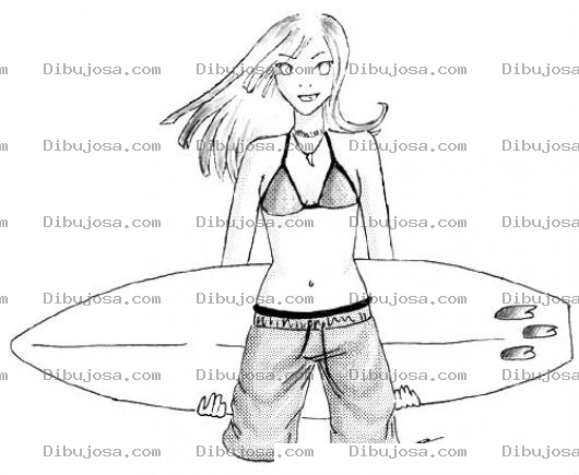 Dibujo para colorear Dibujo De Chica Surfista Para Pintar Y Colorear Mujer Con Tabla De Surf
