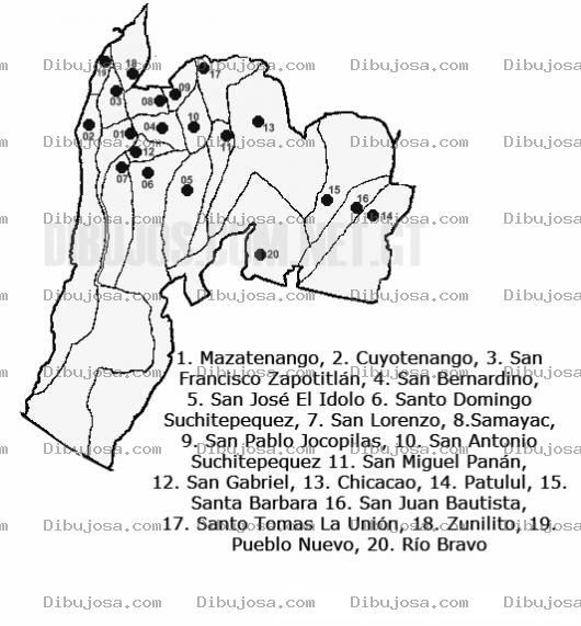 Dibujo para colorear Colorear Mapa del departamento de Suchitepequez, Lamina del Departamento de Suchitepequez Guatemala