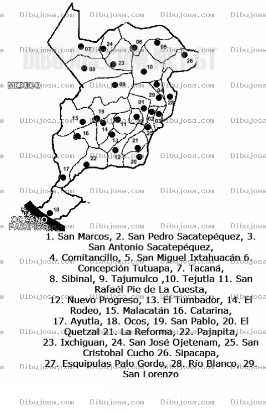 Dibujo para colorear Colorear Mapa del departamento de San Marcos, Lamina del Departamento de SanMarcos Guatemala