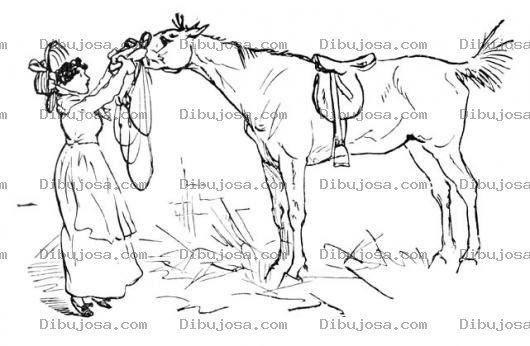 Dibujo para colorear Mujer Con Caballo Dibujo De Una Mujer Preparando Un Caballo Para Pintar Y Colorear