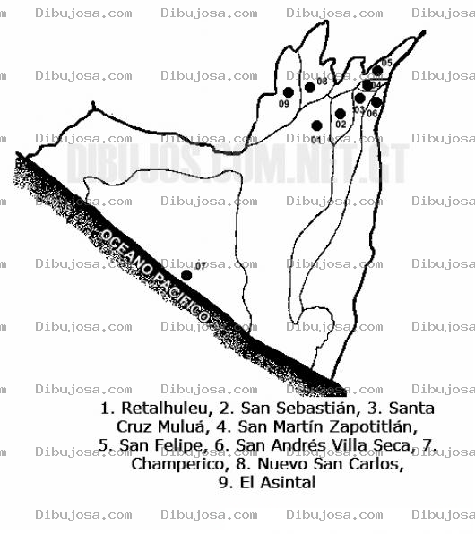 Dibujo para colorear Colorear Mapa del departamento de Retalhuleu, Lamina del Departamento de Retalhuleu Guatemala