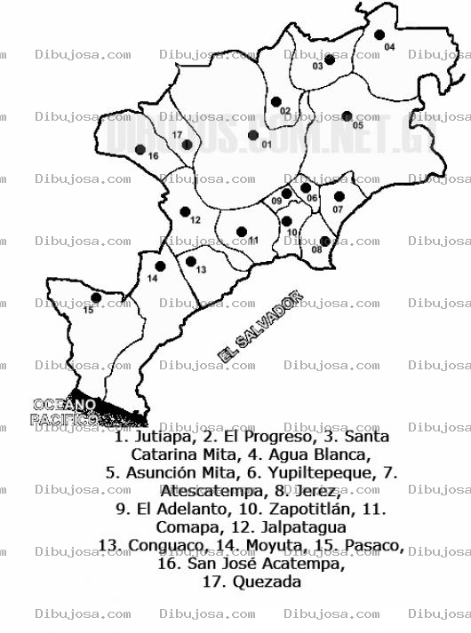 Dibujo para colorear Colorear Mapa del departamento de Jutiapa, Lamina del Departamento de Jutiapa Guatemala