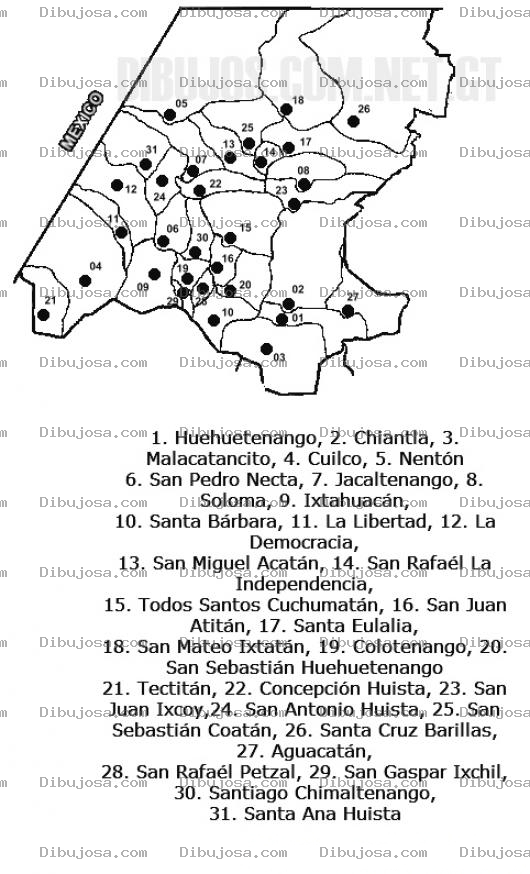 Dibujo para colorear Colorear Mapa del departamento de Huehuetenango, Lamina del Departamento de Huehuetenango Guatemala