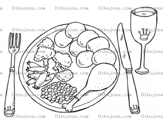 Dibujo para colorear Almuerzo De Rey Saludable Para Pintar Y Colorear Tenedor Y Cuchillo Con Un Plato De Pierna De Pollo Brocoli Verduras Papas Y Copa De Vino