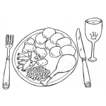 Dibujo para colorear Almuerzo De Rey Saludable Para Pintar Y Colorear Tenedor Y Cuchillo Con Un Plato De Pierna De Pollo Brocoli Verduras Papas Y Copa De Vino