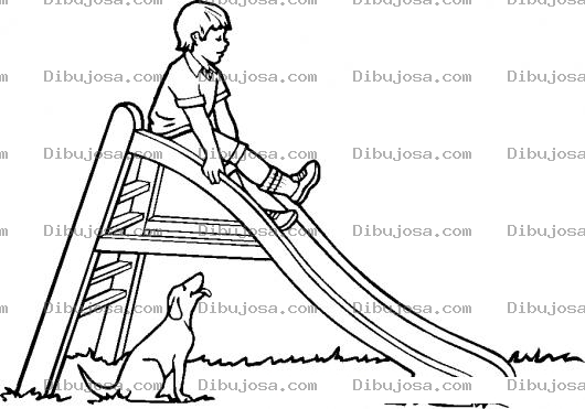 Dibujo para colorear Dibujo De Nino Deslizandose En Un Resbaladero Con Su Perro Al Lado Para Pintar Y Colorear