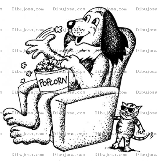 Dibujo para colorear Dibujo De Perro Comiendo Palomitas De Maiz Con Un Gato A La Par