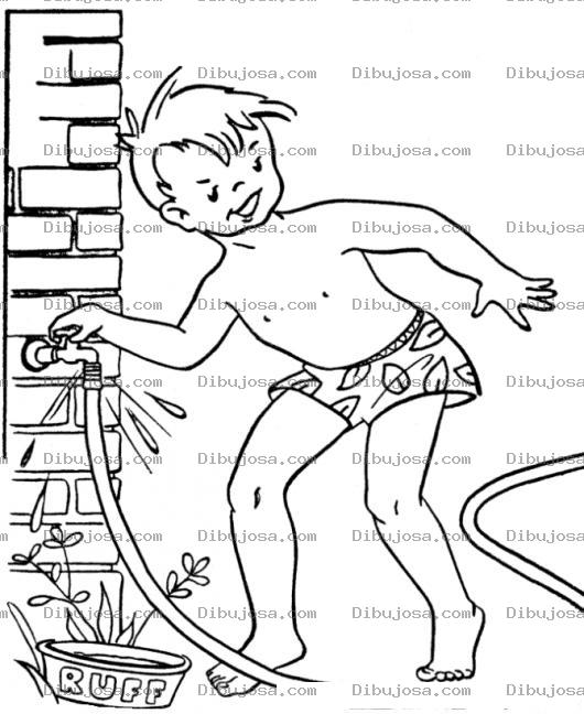 Dibujo para colorear Dibujo Para Pintar Y Colorear A Un Chico Acalorado Abriendo El Chorro Que Tiene Una Manguera Para Llenar Una Piscina