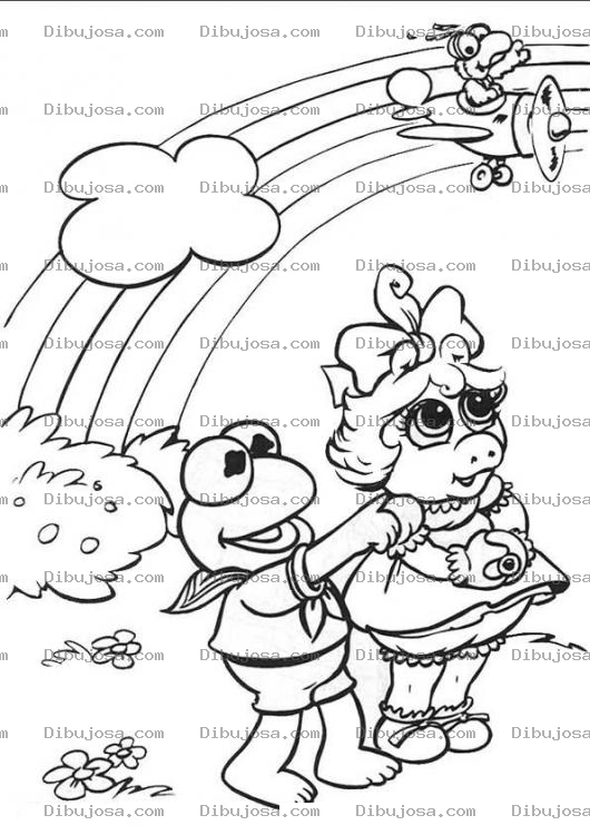 Dibujo para colorear Dibujo De Los Mopets Para Pintar Y Colorear A La Rana Rene La Cerdita Peggy Y A Gonzo Volando Sobre Un Arcoiris