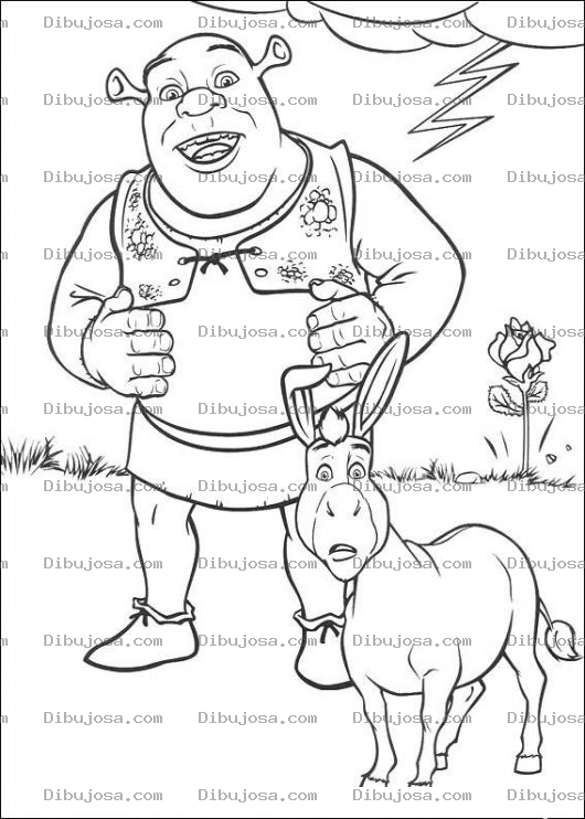 Dibujo para colorear Colorear a Shrek y Burro con una rosa al fondo