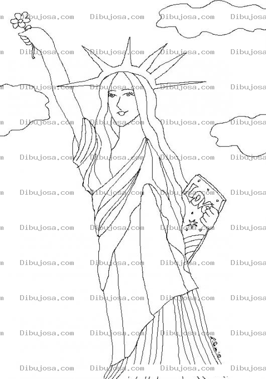 Dibujo para colorear Dibujo De La Estatua De La Libertas Levantando Un Flor Y Sosteniendo Un Libro De Amor Para Pinta Y Colorear