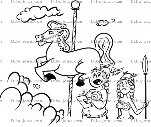 Dibujo para colorear Dibujo De Vikingas Frente A Un Caballito De Feria Para Pintar Y Colorear Caballo De Carrusel