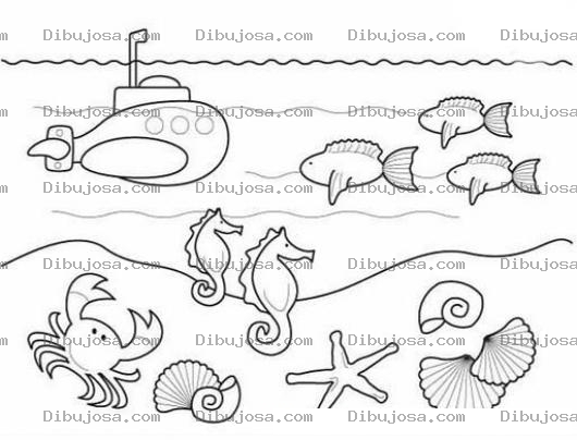 Dibujo para colorear Dibujo De Submarino Y Animales Del Mar Para Pintar Y Colorear