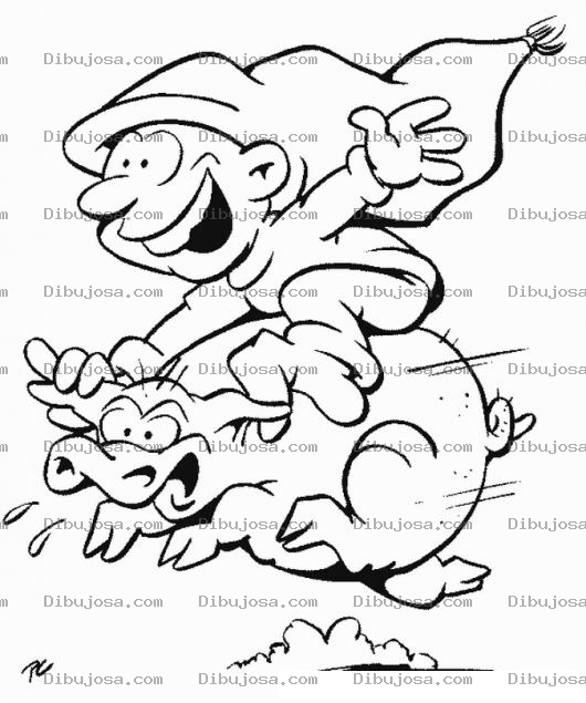 Dibujo para colorear Pitufo Cabalgando Sobre Un Cerdito Para Colorear