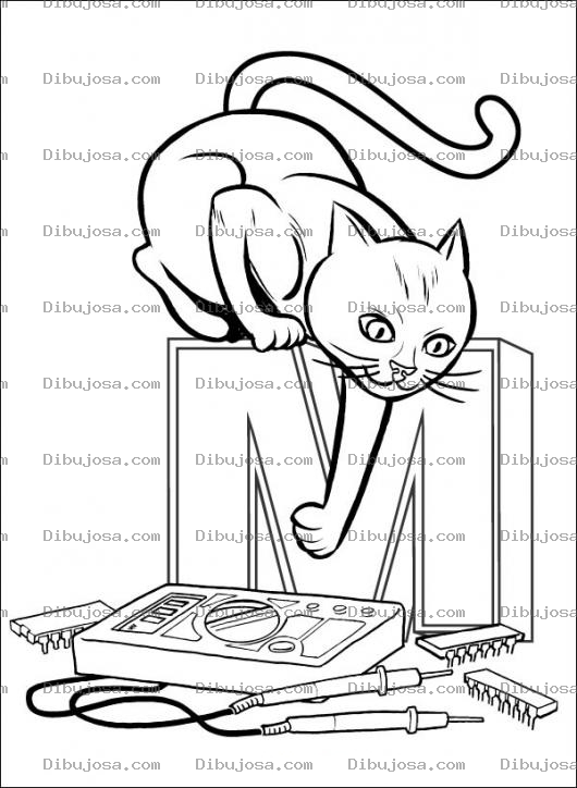 Dibujo para colorear Gato Mish Dibujo De Un Gato Tecnico En Electronica Montado Sobre La M De Mish Para Pintar Y Colorear