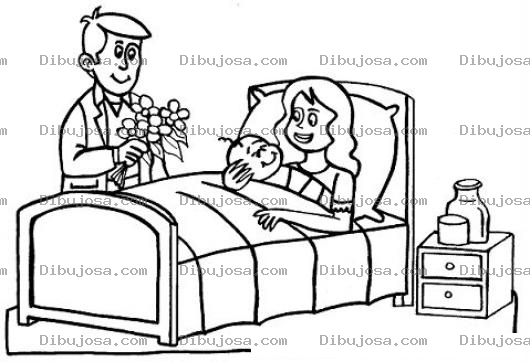 Dibujo para colorear Hospital De Maternidad Dibujo De Papa Llevando Flores A Su Esposa Y Su Bebe Recien Nacido Para Colorear